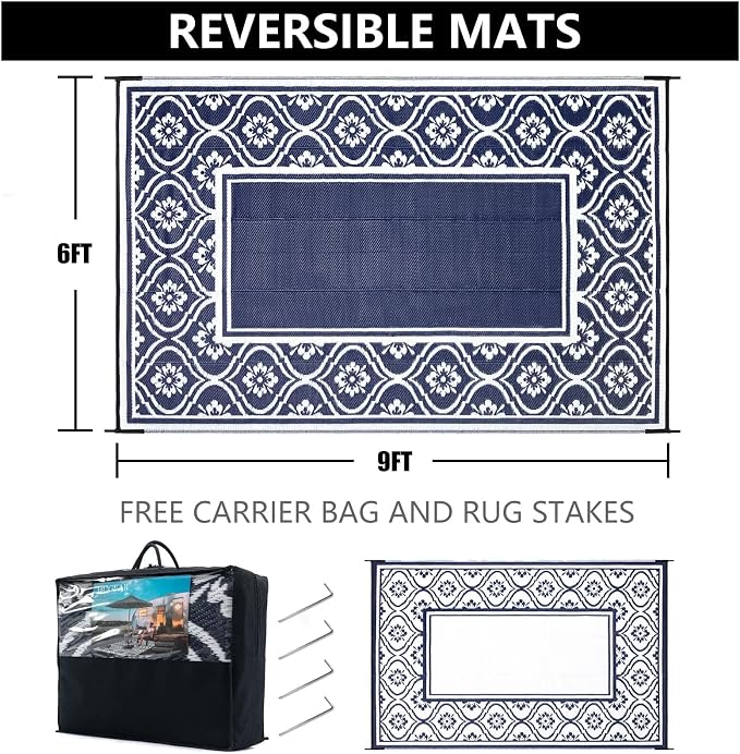 HUGEAR Plastic Outdoor Rug 6'x9' Waterproof Camping Carpet Outside Reversible - Image 2