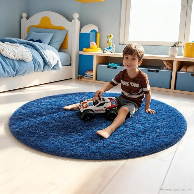 Ophanie Round Rug 4Ft Blue Circle Area Rug, Boys Room Decor, Fluffy Fuzzy - Image 3