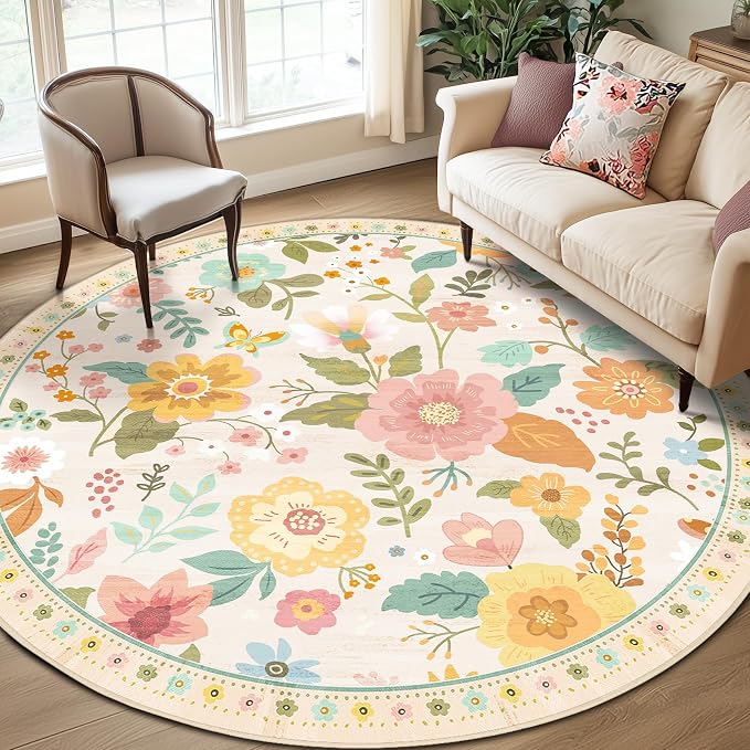 RELEANY Floral 8ft Area Rugs Washable Print Boho Cute Carpet Non Slip Flower by RELEANY