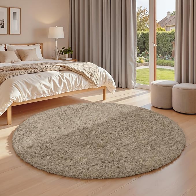 Gray Camel Round Fluffy Rug 5ft, Soft Bedroom Circle Rugs Mats - Image 2