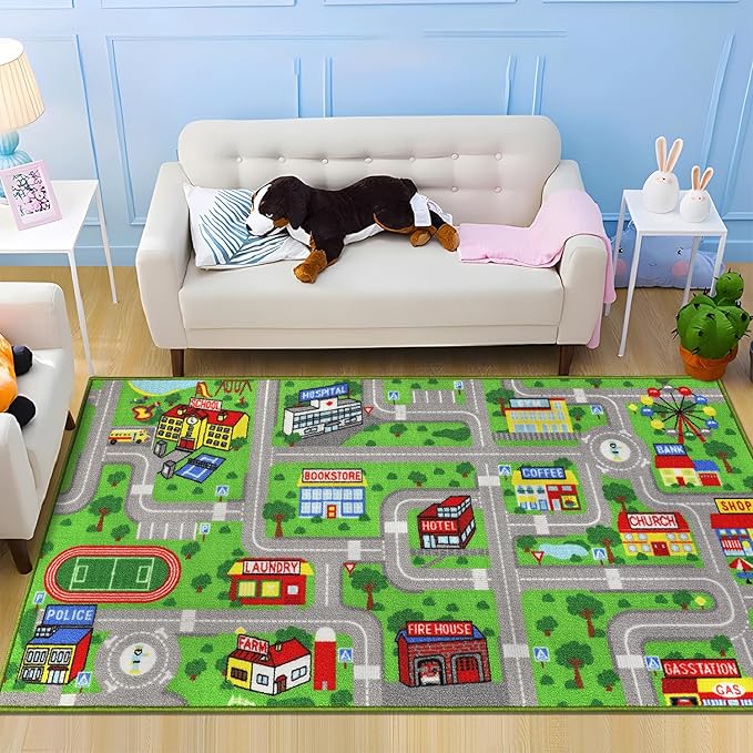 Capslpad Green Car Road Kid Rug Carpet Playmat by CapslpadDirect