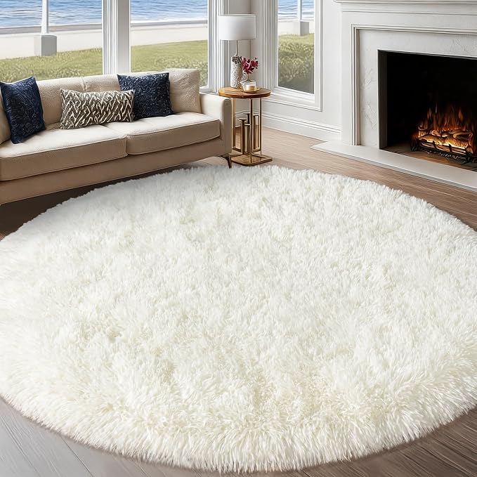 Round White Rug for Bedroom, 8 ft Circle Area Rugs for Living Room, Soft Large by WISHTREE