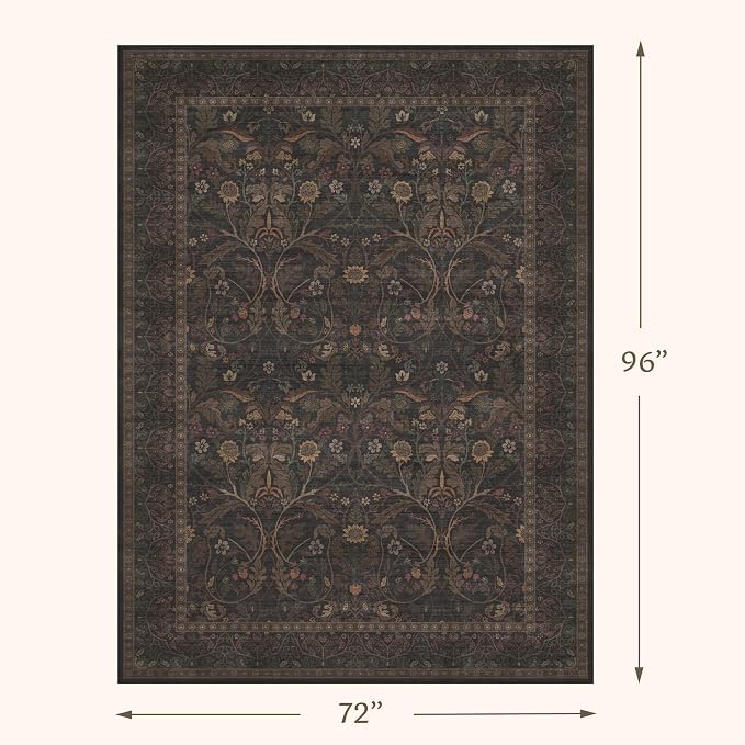 6x8 Washable Area Rugs for Living Room, Dark Brown & Gold Moody Floral Rug - Image 2