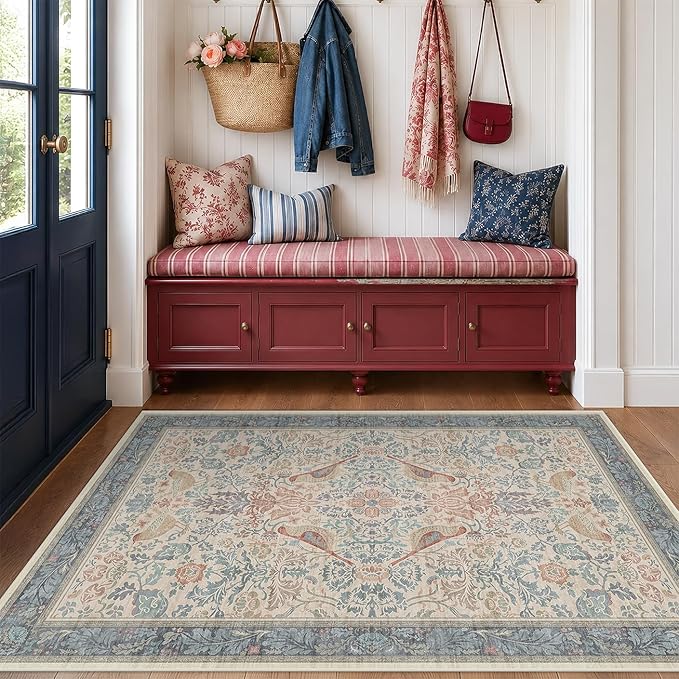 Boho Floral Bird Pattern 4x6 Large Mudroom Rug by HazoHaus