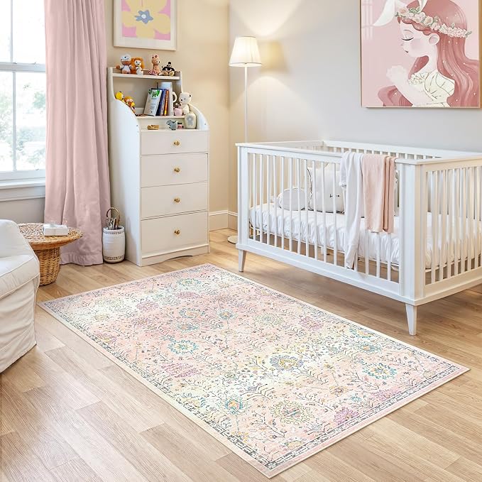 Lahome Girls Bedroom Pink Rug 3x5, Soft Washable Floral Area Rug - Image 7