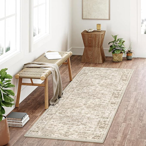 2'6x8 Washable Neutral Runner Rug Beige Vintage Hallway Kitchen Carpet Non-Slip - Image 2
