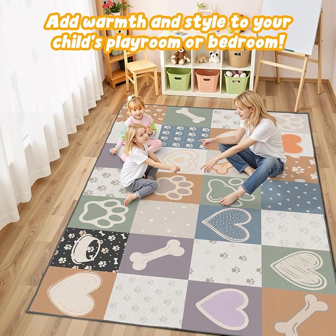 Preschool Classroom Rug 4x6, Paw Print Low Pile Kids Area Rug - Image 2