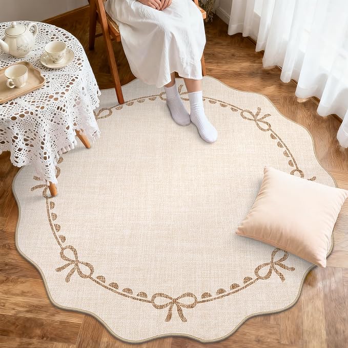 GarveeHome Scalloped Bow Rug for Living Room, 4ft Round Rugs Washable Solid - Image 3