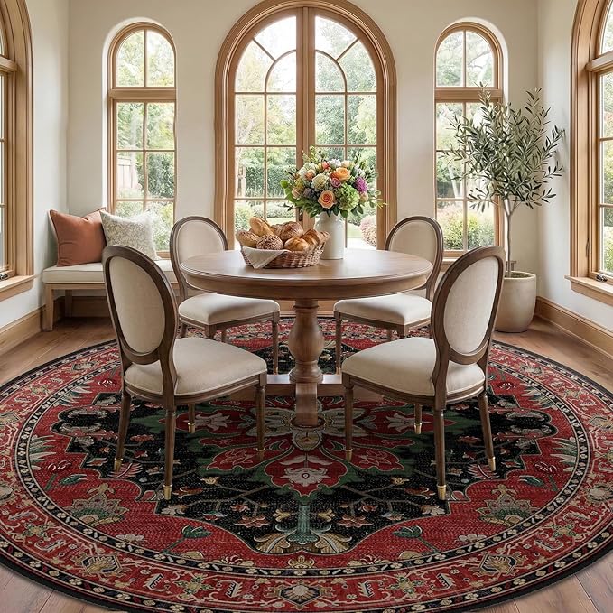 RELEANY Area Rugs Round 8ft Washable Non-Slip, Floral Vintage Distress - Image 2