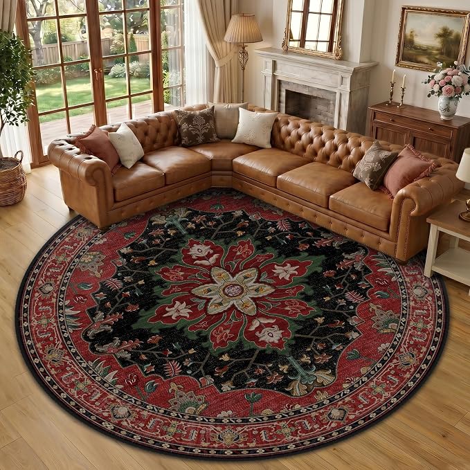 RELEANY Area Rugs Round 10ft Washable Non-Slip, Floral Vintage Distress by RELEANY