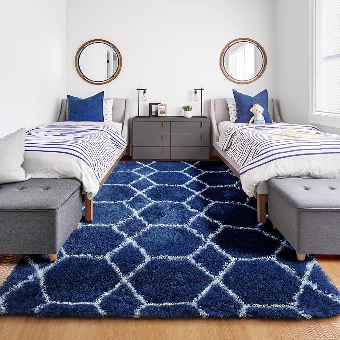 ONASAR Large 6x9 Area Rugs for Living Room, Fluffy Geometric Navy and White Rug - Image 7