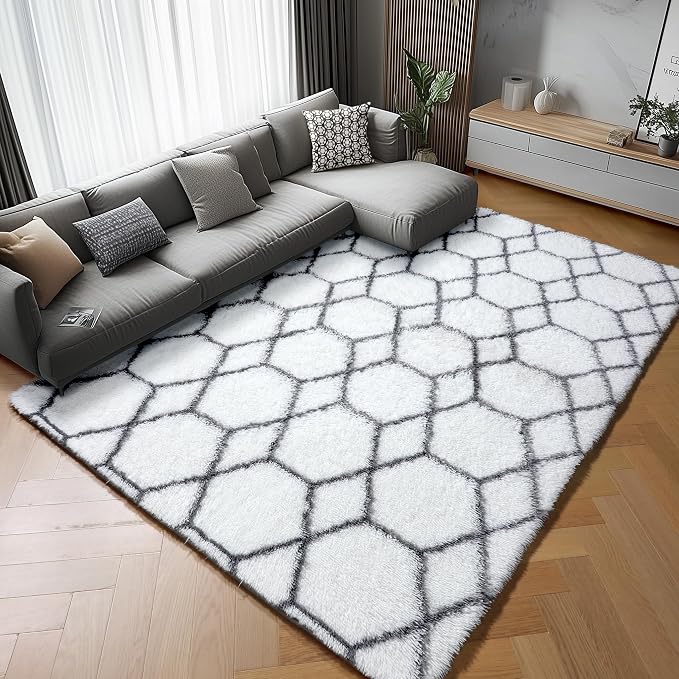 ONASAR 5x7 Area Rugs for Living Room Bedroom, Fluffy White and Grey Throw Rug by ONASAR