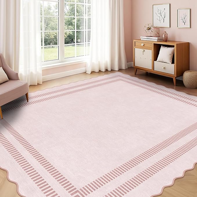 Pink Rugs for Living Room 9x12, Machine Washable Scalloped Area Rugs for - Image 7