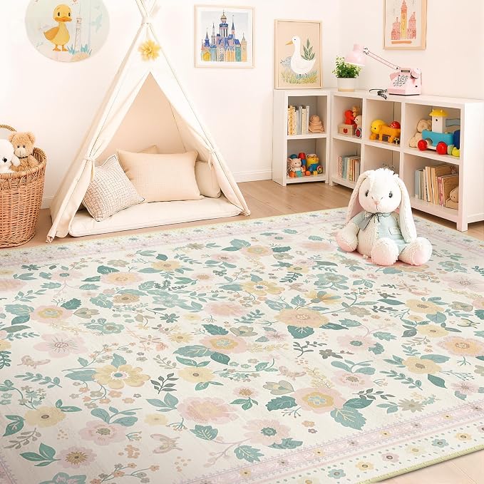 5x7 Area Rugs for Living Room Vacuum-Friendly Machine Washable Area Rug Flower by meejou