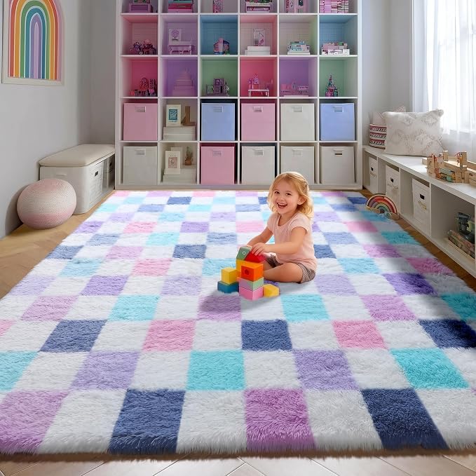 KICMOR Purple Rainbow Checkered Rugs by KICMOR