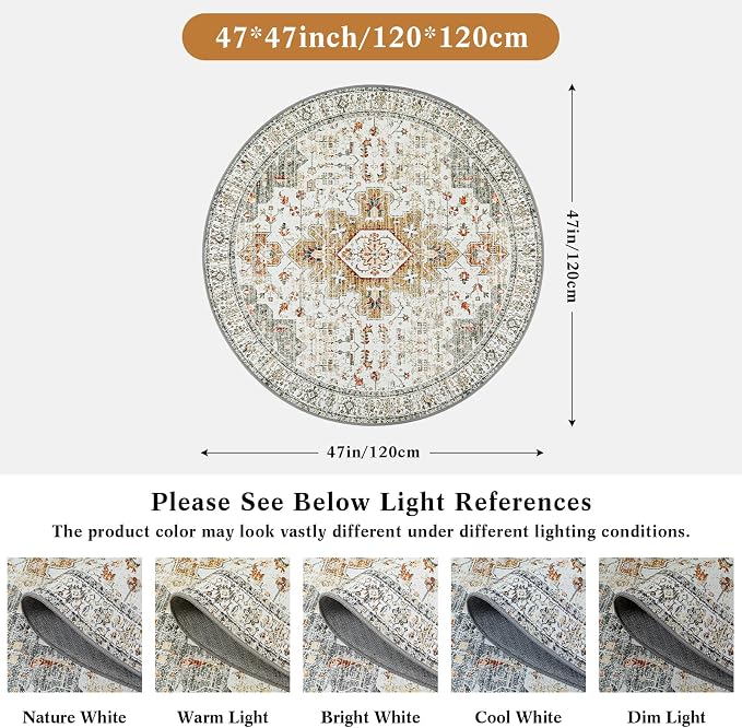 Moynesa Washable Round Rug 4ft, Vintage Medallion Area Rug Distressed Neutral - Image 2