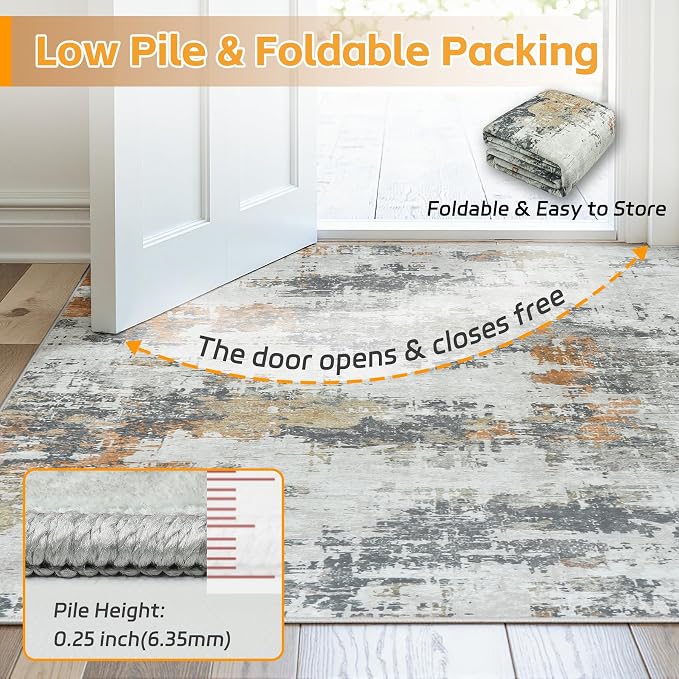 Area Rug 5x7 Living Room Rug Washable: No-Slip Abstract Soft Thin Large Grey - Image 8