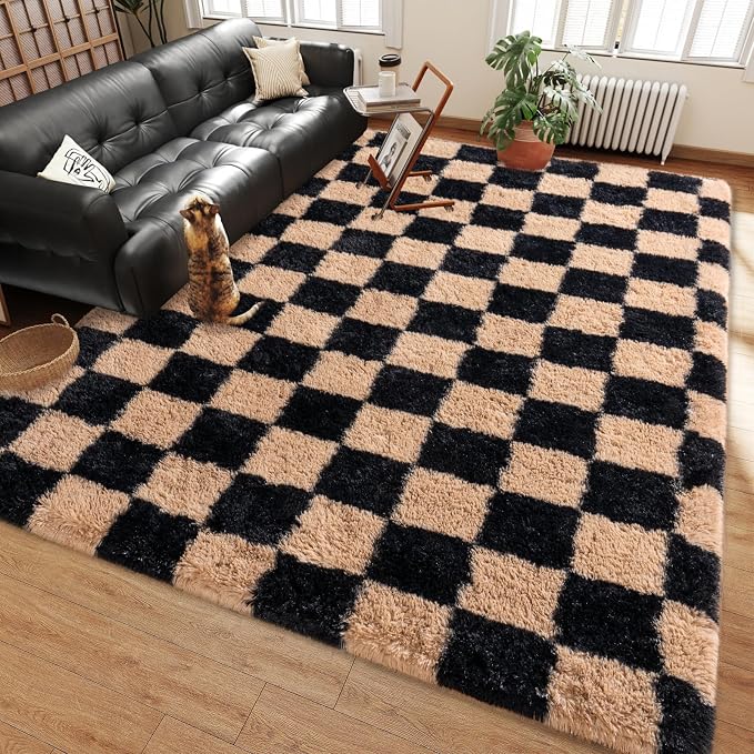 Shag Rugs for Living Room 8x10, Ultra Soft Checkered Black Beige Big Fuzzy Rugs - Image 4
