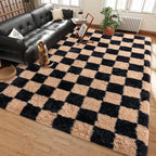 Shag Rugs for Living Room 9x12, Ultra Soft Checkered Black Beige Big Fuzzy Rugs - Image 4