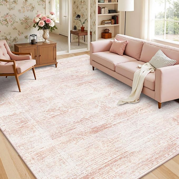 Latte&Fog 6x9 Washable Area Rugs, Vintage Large Pink Rugs - Image 2