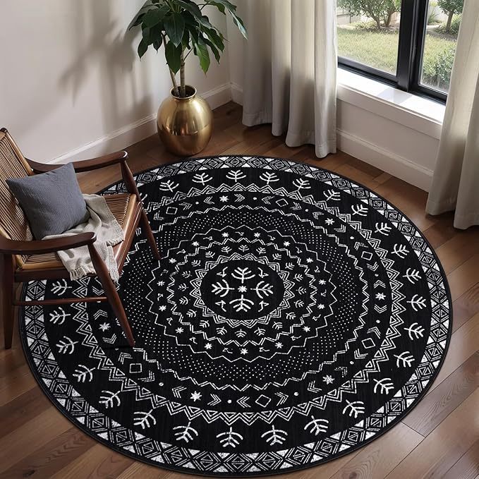 SERISSA Round Area Rug, 4ft Washable Non-Slip Black and White Boho Circle Rug by SERISSAHomeDecorCollection