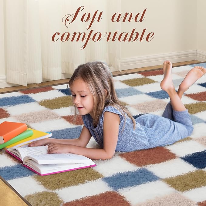 Super Soft Rug for Bedroom, 6x9 Ft Rainbow Area Rug Classic Checkered Shaggy - Image 6