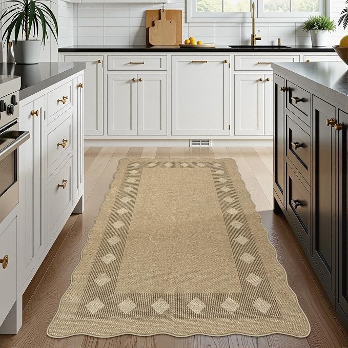 LIVEBOX Scalloped Easy Jute Diamond 3x5 Outdoor Rug, Washable Non-Slip Tan Rugs - Image 2