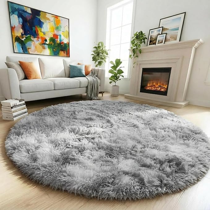 Amdrebio Tie-Dye Light Grey Round Circle Area Rugs 5Ft by Amdrebio