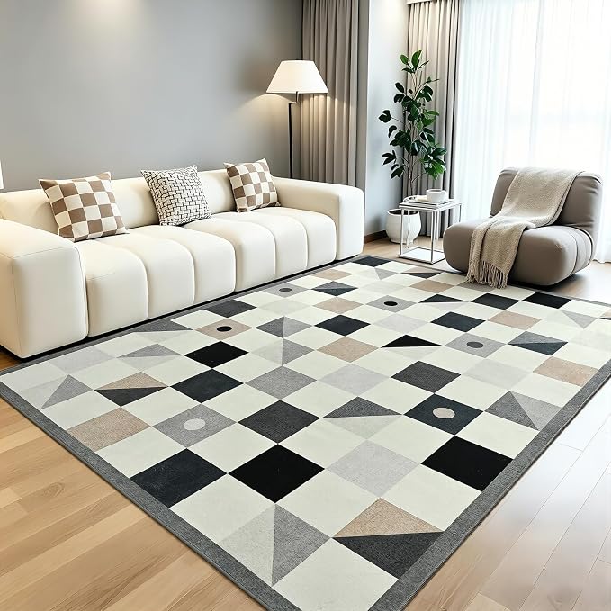 Terrug Grey and Beige Geometric Checkered Rug by TerrugHomeDecor