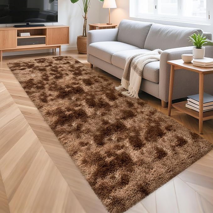 3x10 ft Plush High Pile Brown Tie Dyed Rug Fluffy Soft Runner Bedside Rug - Image 9