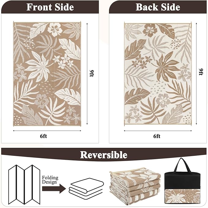 Pauwer Waterproof Outdoor Rug 6x9, Reversible Plastic Straw Patio Camping Rug - Image 2