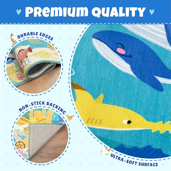 Blue Ocean Themed Rug for Kids Room – 5x8 Underwater Play Mat - Image 4