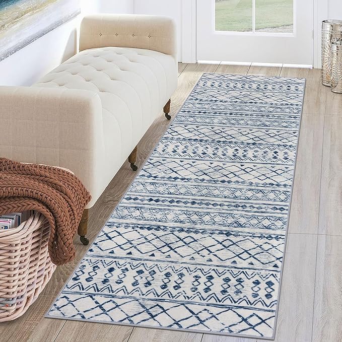 KUTA Moroccan Washable Runner Rug, 2x6 Non-Slip Vintage Blue White Boho Hallway by KUTA