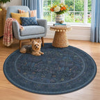 Navy Blue 5ft Round Rug for Living Room, Washable Floral Circle Rug, Vintage by Evyhood