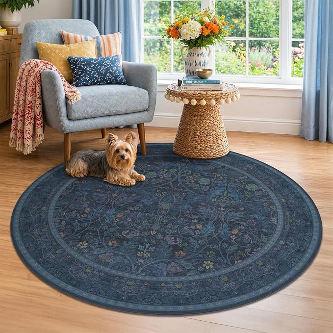 Navy Blue 5ft Round Rug for Living Room, Washable Floral Circle Rug, Vintage by Evyhood