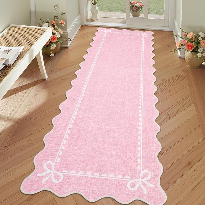 GarveeHome Scalloped Bow Rug for Living Room, Solid Pink Rug for Dorm, Washable by GarveeHome