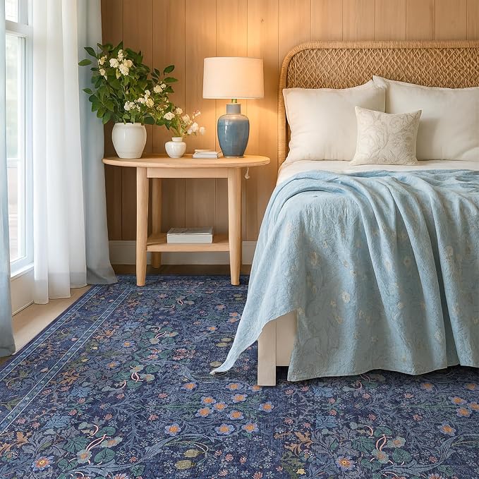 Hazo Haus Dark Blue Living Room Rug 8x10, Vintage Floral Washable Area Rugs - Image 3