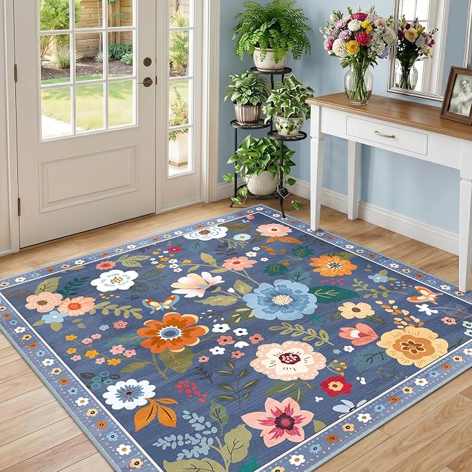 RELEANY Floral Square 4ft Area Rugs Washable Print Boho Cute Carpet Non Slip - Image 2