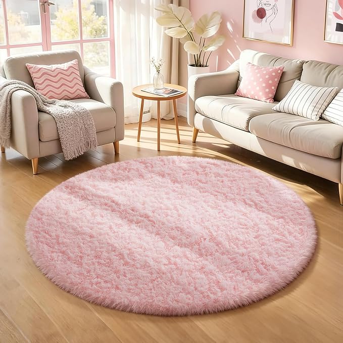 Ophanie Pink Round Rug for Bedroom Girls, Kids Fluffy Kawaii Fuzzy Shag Circle by Ophanie
