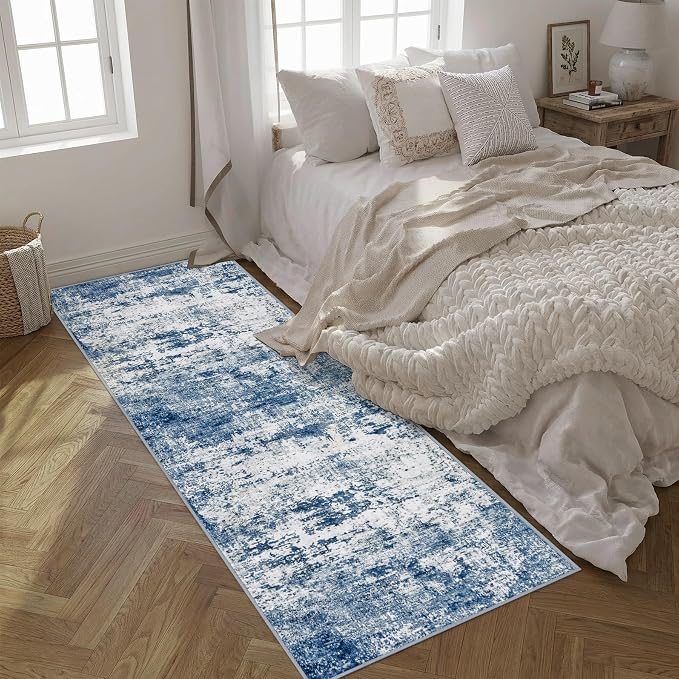 2.6'x8' Runner Rug Washable Rug;Modern Abstract Soft Thin Runner Rug Blue - Image 4