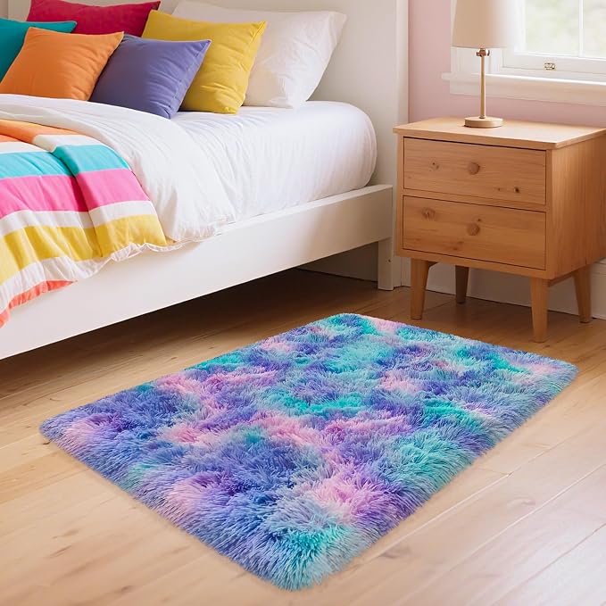Shaggy Tie Dyed Light Purple Rainbow Rug Small, 2x3 Area Rugs - Image 3