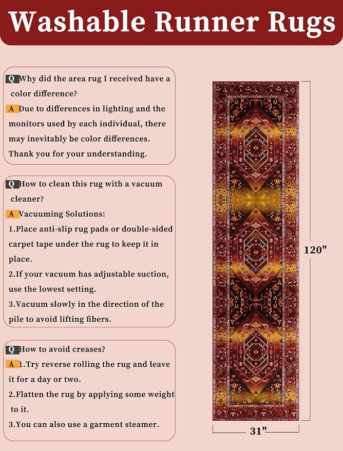 SERISSA Runner Rug for Hallways, Long Boho Rug Vintage Rustic Red Gold Hallway - Image 6