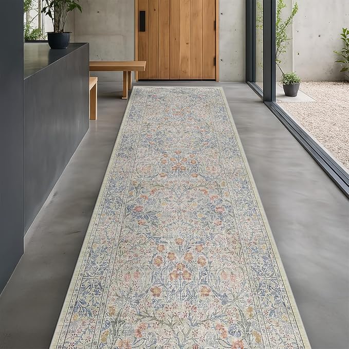 Vintage Beige Blue 3x12 Runner Rug by HazoHaus