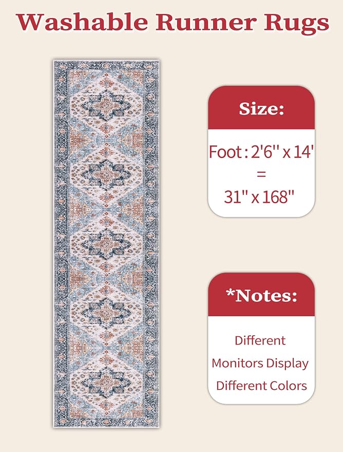 SERISSA Runner Rug for Hallways, Extra Long Boho Rug Ultra Soft Vintage Blue - Image 6