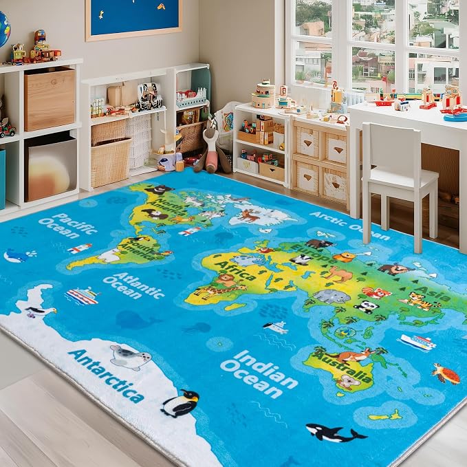 Kids Playroom Rug, 7x9ft World Map Play Mat by OHDS