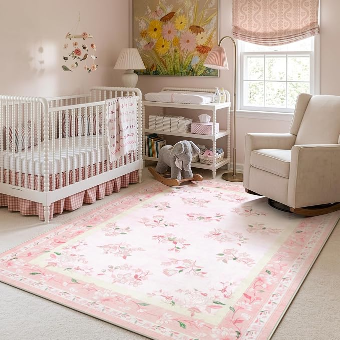 LIVEBOX 5x7 Soft Nursery Rug for Baby Girl, Light Pink Rug Non-Slip Faux Wool by LIVEBOX