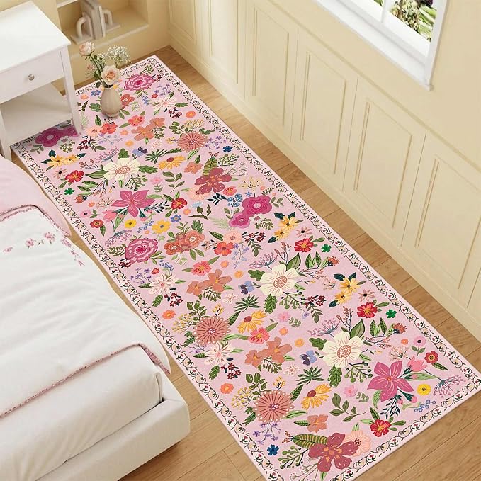 Latte&Fog Pink Washable Hallway Runner Rug 2.6x8, Non Slip Floral Runner Rug - Image 3