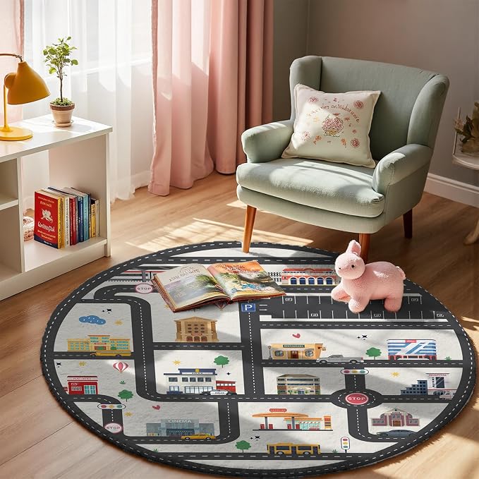 3.3ft Round Kids City Road Car Play Rug - Image 2