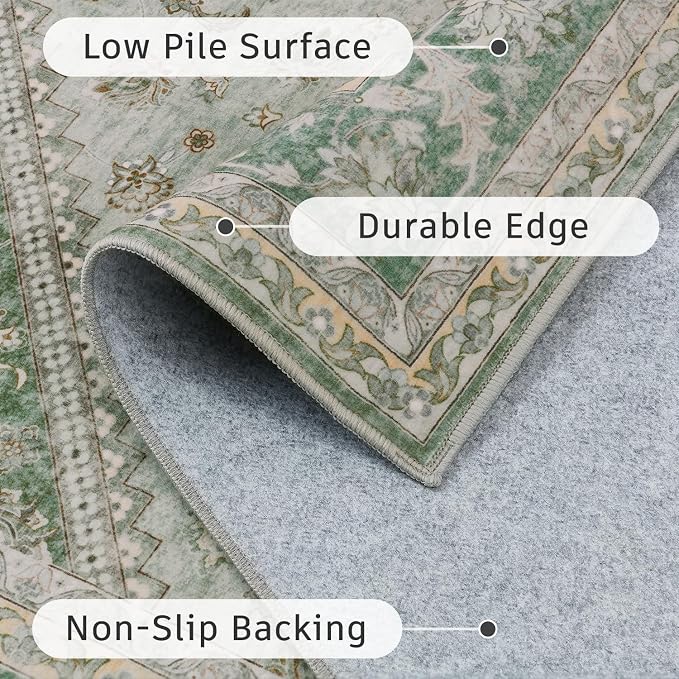 DCX Green 8x10 Area Rug, Machine Washable Non Slip Stain Resistant Vintage Rug - Image 4