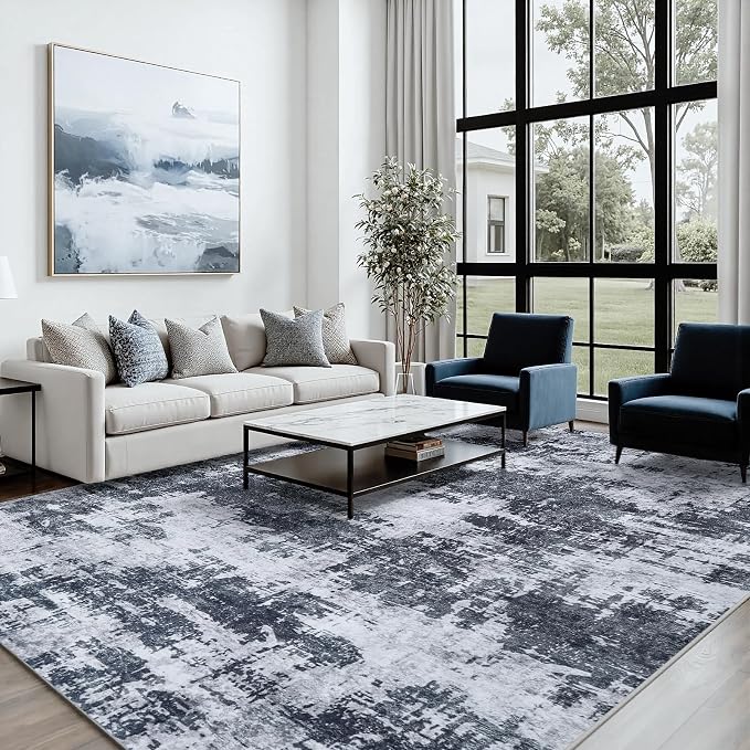 10x12 Area Rugs for Living Room Washable: Abstract Soft Thin Low Pile Black Rug - Image 7